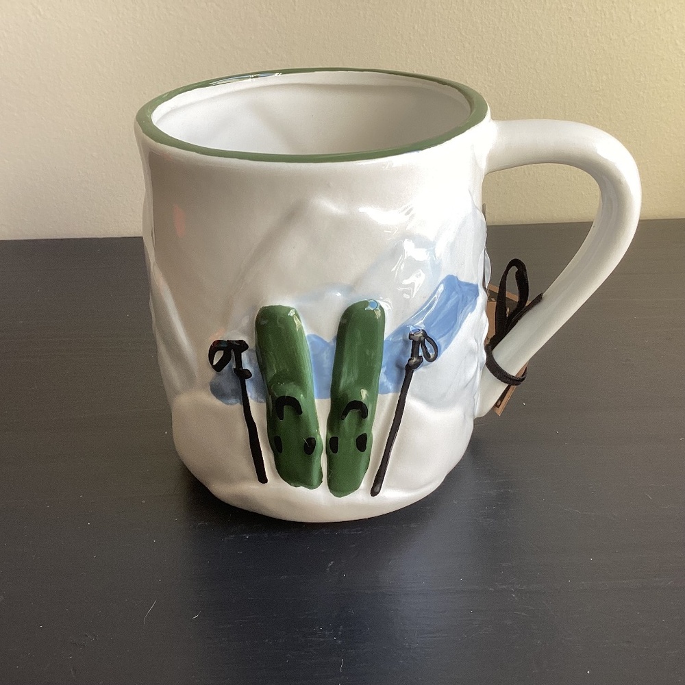 Peppermint & Pine Pickle and Skiing 3D Hand Painted Coffee Mug NEW